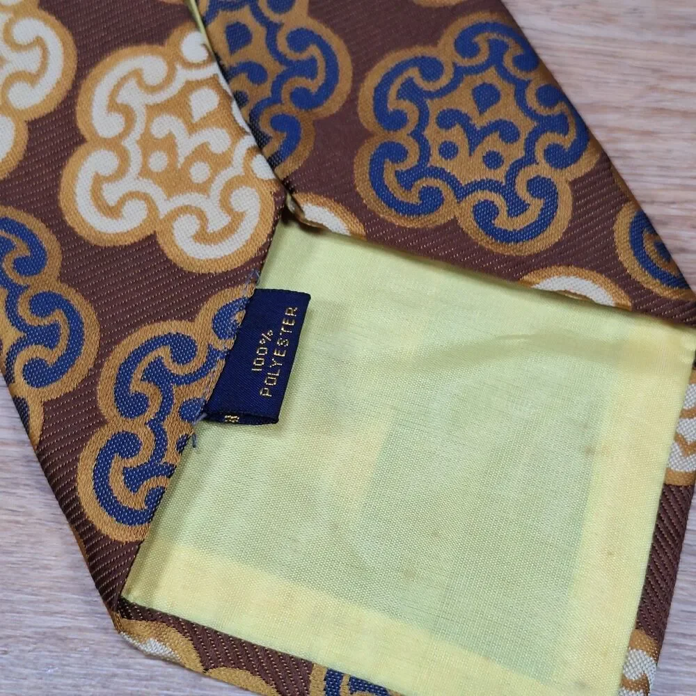 Pulitzer Vintage Brown Gold Medallion Polyester Tie Necktie Mens 70s 60s Wide